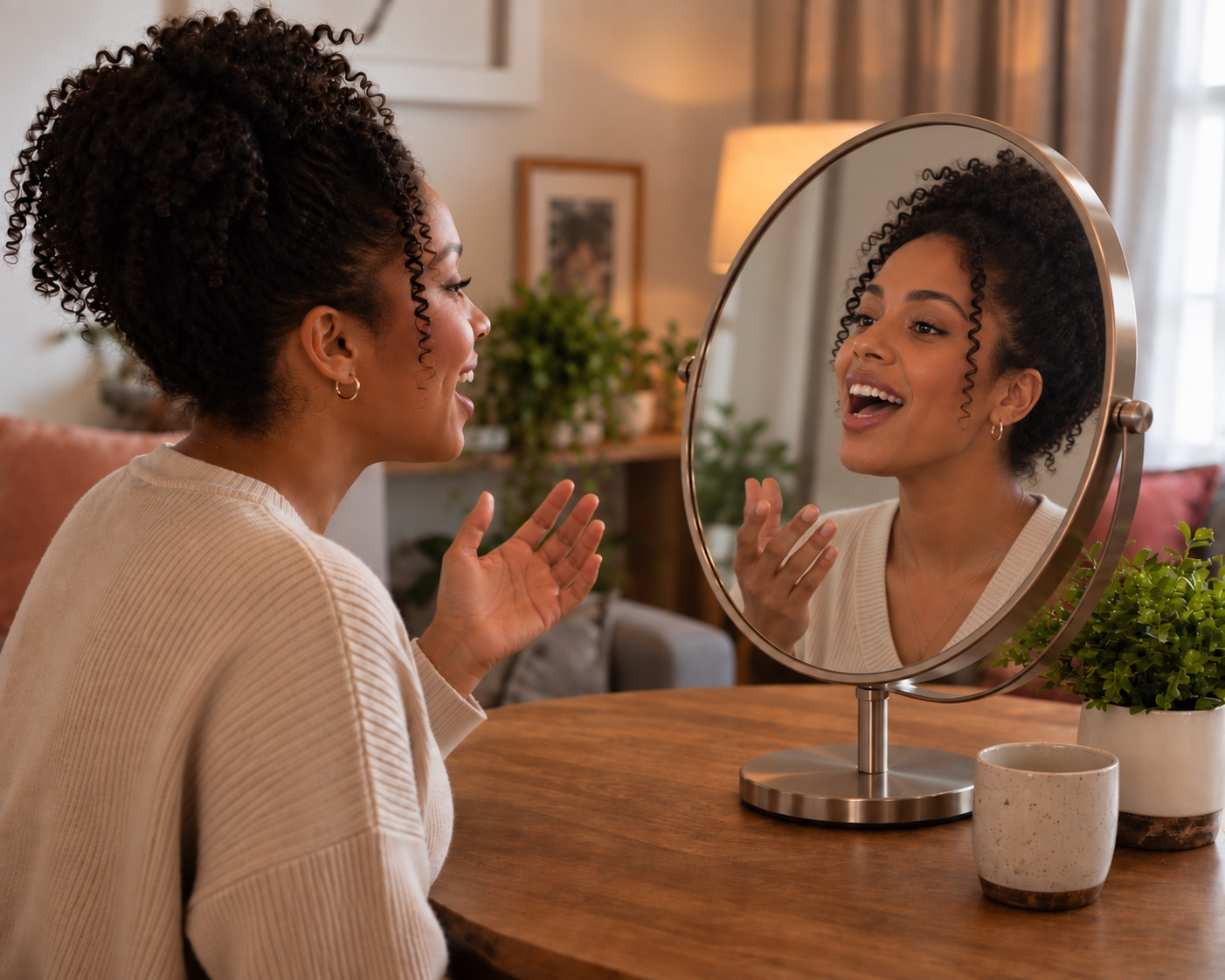 Student practising singing with a mirror