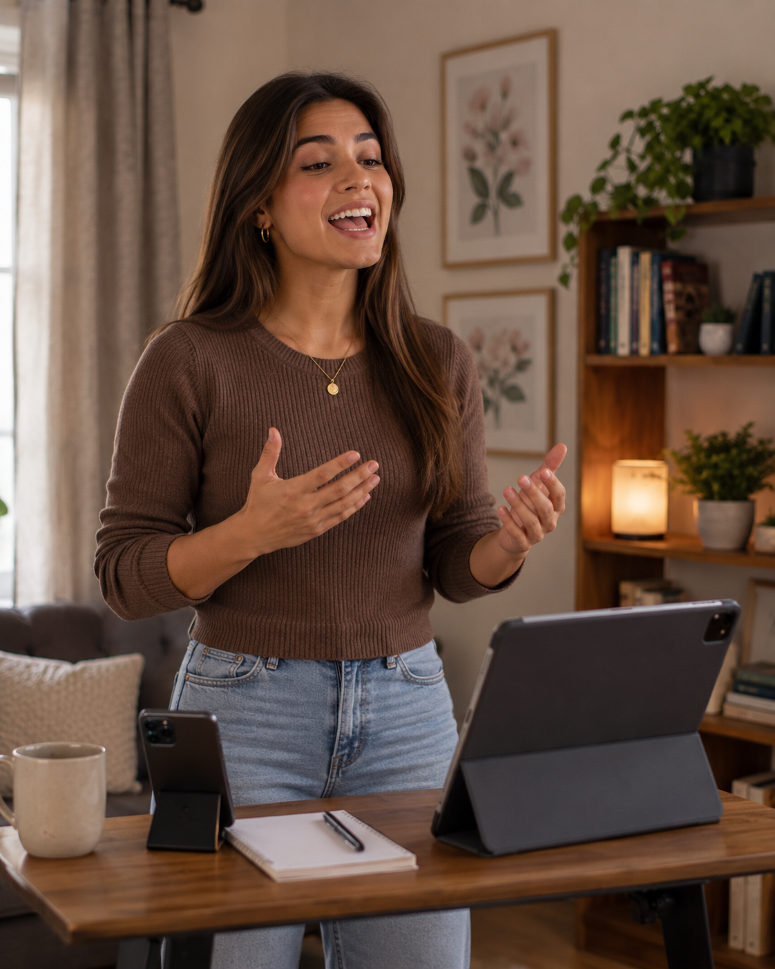 Vocal student practising singing and breathing technique
